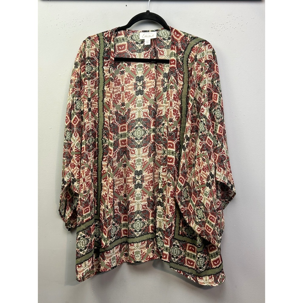 Simply Emma Kimono Womens 1X Green Burgundy Geometric Tribal Open Front Cardigan